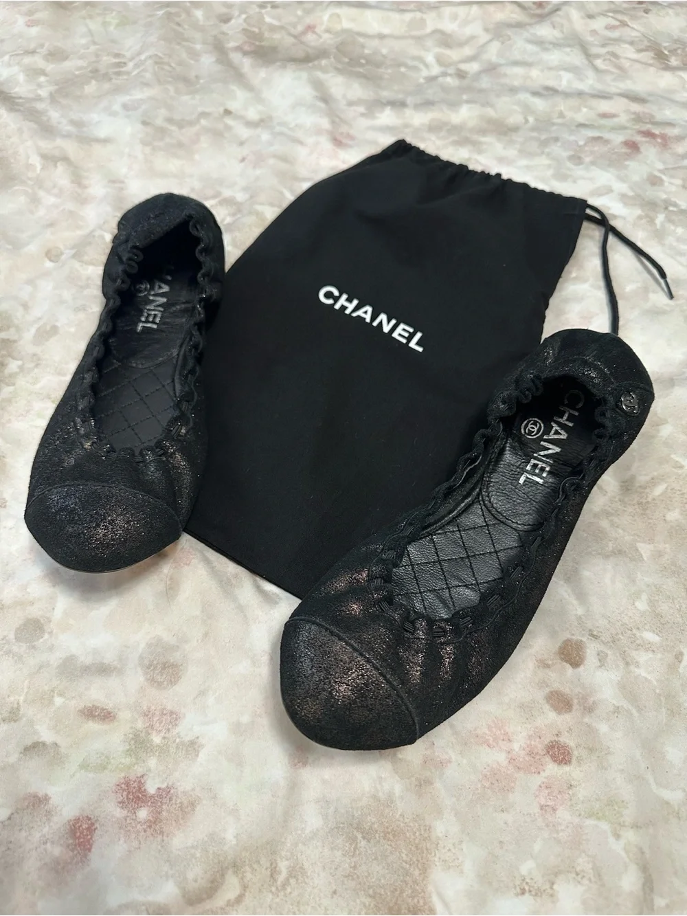 CHANEL Black Quilted Leather Slip-On Ballet Flats with Branded Dust Bag